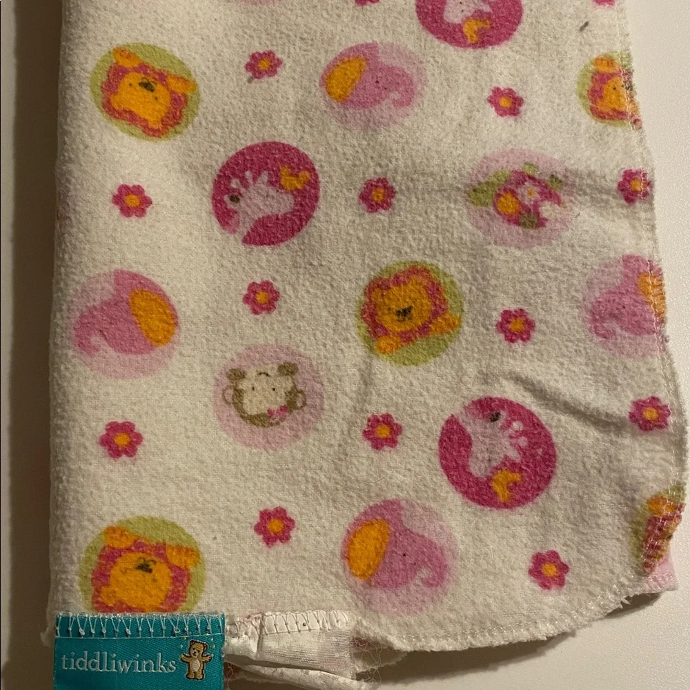Vintage Tiddliwinks Flannel Baby Receiving Blanket swaddle Pink Animal Flower
